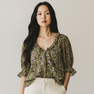 J.Crew Ruffle Featherweight Satin Scoop Neck‎ Top in Floral Stripe Cottagecore M